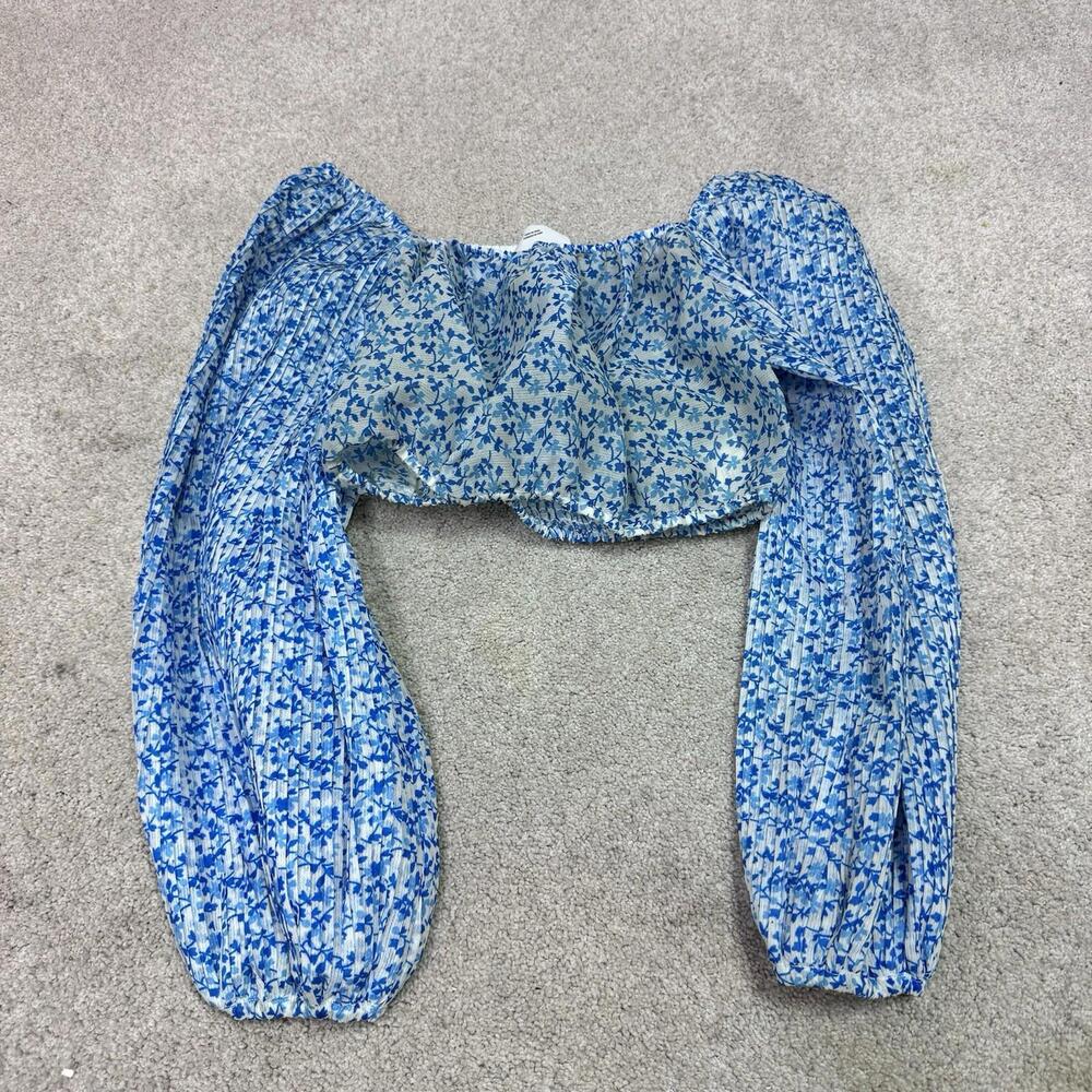 C/MEO Collective Blouse Women’s Blue White Floral Cropped Long Sleeve Size Small
